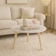 Stolik kawowy MODENA – biały marmur i bielone drewno, Ø70 × 40 cm (styl prowansalski) Marmoholz — nowoczesna elegancja w drewnie i marmurze