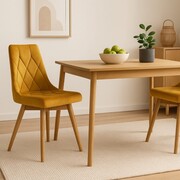 Krzesło tapicerowane Caren — lite dębowe nogi, tkanina Bluvel, pikowane wysokie oparcie