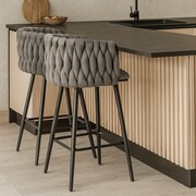 Niski hoker ROSSE H7-FX – szary velvet, plecione oparcie, do wyspy 90 cm