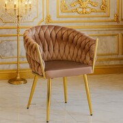 Krzesło tapicerowane ROSSE – velvet cappuccino, złoty stelaż, plecione oparcie