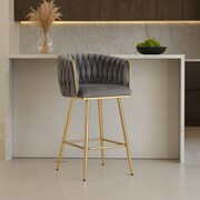 Niski hoker ROSSE H7-FX – szary velvet, złote nogi, plecione oparcie