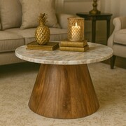 Stolik kawowy Bari 70 cm – szary marmur & brązowe drewno mango Marmoholz — nowoczesna elegancja w drewnie i marmurze