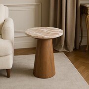 Stolik kawowy TRENTO fi 40 cm – marmur i drewno mango Marmoholz — nowoczesna elegancja w drewnie i marmurze