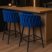 Niski hoker ROSSE H7-FX – niebieski velvet, plecione oparcie, do wyspy 90 cm