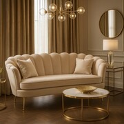 Sofa MUSZELKA na złotych nóżkach, beżowy velvet