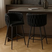 Niski hoker ROSSE H7-FX – czarny velvet, plecione oparcie, do wyspy 90 cm