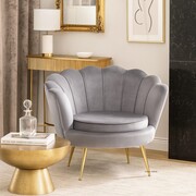 Fotel glamour MUSZELKA LC-032 – szary velvet, złote nóżki, oparcie w kształcie muszli