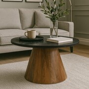 Stolik kawowy Bari 70 cm – czarny marmur & brązowe drewno mango Marmoholz — nowoczesna elegancja w drewnie i marmurze