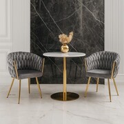 Krzesło tapicerowane ROSSE – szary velvet, złoty stelaż, plecione oparcie