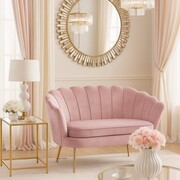 Sofa MUSZELKA — różowy welwet, glamour, nogi w połysku (złote/srebrne/czarne)