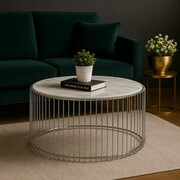 Elegancki stolik kawowy LUNA 80 cm na srebrnym stelażu kolor biały marmur