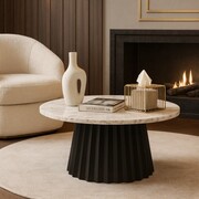 Stolik kawowy Torino — biały marmur i czarna podstawa (Ø70 × 40 cm) Marmoholz — nowoczesna elegancja w drewnie i marmurze