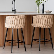 Niski hoker ROSSE H7-FX – beżowy velvet, plecione oparcie, do wyspy 90 cm