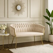 Sofa ROSSE SF2-FX — jasny beż, przeplatany welwet, złote nogi, glamour