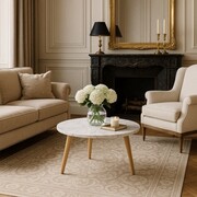 Stolik kawowy MODENA – biały marmur i jasne drewno mango, Ø70 × 40 cm Marmoholz — nowoczesna elegancja w drewnie i marmurze