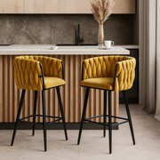 Niski hoker ROSSE H7-FX – miodowy velvet, plecione oparcie, do wyspy 90 cm