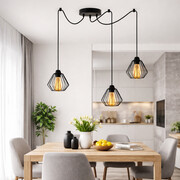 Regulowana loftowa lampa wisząca pająk 3-płomienna DIORO LOFT L3 z drucianymi kloszami w kształcie diamentów