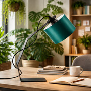 Designerska lampa stołowa w stylu urban jungle HAGA lampka biurkowa z abażurem w kolorze zieleni butelkowej
