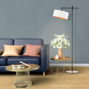 Czarna lampa stojąca do salonu z białym abażurem ze złotym wnętrzem MELTON GOLD