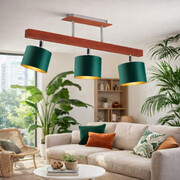 Drewniany 3 punktowy plafon sufitowy do salonu HOLLYWOOD GOLD z regulowanymi kloszami w kolorze zieleń butelkowa