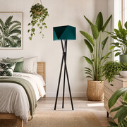 Drewniana lampa podłogowa z abażurem zieleń butelkowa TULUZA w stylu urban jungle