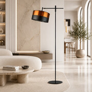 Czarna lampa stojąca z regulowanym ramieniem MELTON GLAM z dwukolorowym abażurem