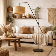Czarna lampa stojąca do salonu z rattanowym kloszem BILBAO BOHO