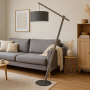 Drewniana lampa podłogowa na jednej nodze TORINO z ciemnoszarym abażurem