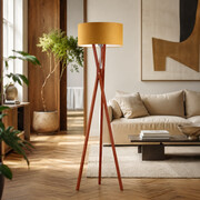 Elegancka lampa drewniana z musztardowym abażurem do salonu ELX