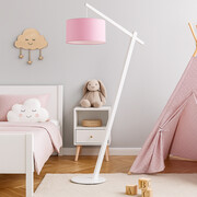 Drewniana lampa stojąca z różowym abażurem TORINO