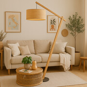 Drewniana lampa stojąca do salonu z rattanowym abażurem TORINO BOHO