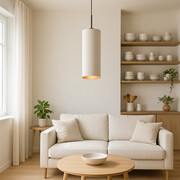 Biała lampa wisząca nad wyspę kuchenną ELBA GOLD z kloszem w kształcie tuby