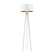 Biała lampa podłogowa do sypialni na drewnianym stelażu MIAMI GLAM z abażurem