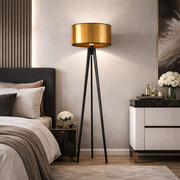 Lampa stojąca na trójnogu drewniana do sypialni MIAMI MIRROR ze złotym abażurem
