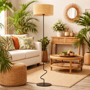Czarno-beżowa lampa stojąca boho JERSEY BOHO rattanowa lampa podłogowa do salonu