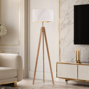 Dębowa lampa stojąca na 3 nogach z białym abażurem ze złotym LAGOS GOLD