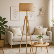 Drewniana lampa podłogowa na 3 nogach HAITI ECO w stylu skandynawskim