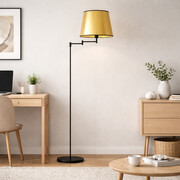 Czarno - złota lampa stojąca do sypialni ASTI MIRROR z regulowanym ramieniem