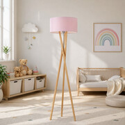 Designerska lampa drewniana do pokoju dziecięcego ELX z różowym abażurem