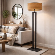 Czarna lampa stojąca do salonu KALIFORNIA ECO z designerskim kloszem w kolorze dąb sonoma