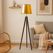 Drewniana lampa stojąca na trójnogu ze złotym kloszem ARUBA MIRROR