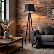 Czarna lampa podłogowa na 3 nogach CURACAO drewniana lampa stojąca na trójnogu