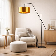 Czarna lampa podłogowa na długim wysięgniku BILBAO MIRROR z miedzianym abażurem o średnicy 40 cm