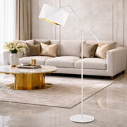 Biała lampa podłogowa do salonu w stylu glamour COLMA GOLD z regulowaną głowicą