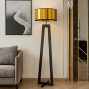 Czarna lampa stojąca z drewna ze złotym kloszem BALI MIRROR