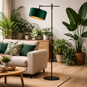 Regulowana lampa stojąca do czytania w salonie MELTON GOLD z abażurem zieleń butelkowa 30 cm