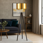 Drewniana lampa stojąca na trójnogu ze złotym abażurem HAITI MIRROR
