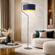 Lampa stojąca LED do salonu w stylu glamour TESALLIA GOLD z granatowym abażurem ze złotym wnętrzem