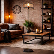 Czarna lampa podłogowa do salonu FORNOSA LOFT z drucianym kloszem