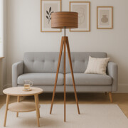 Lampa stojąca na trójnogu drewnianym HAITI ECO z fornirowym kloszem